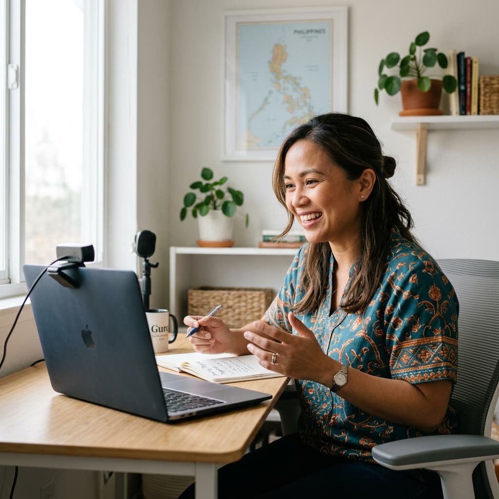 Filipino woman smiling warmly while teaching Tagalog online