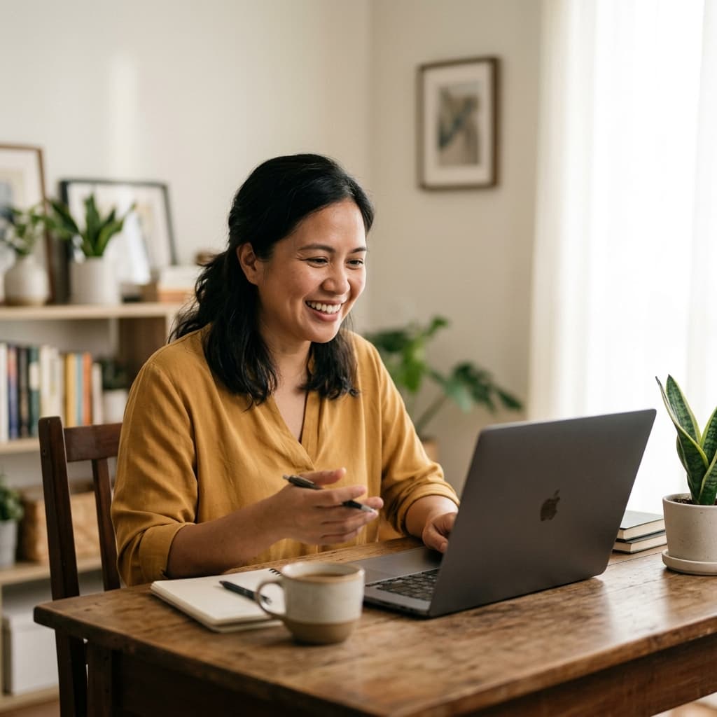 Filipino tutor smiling during an online lesson